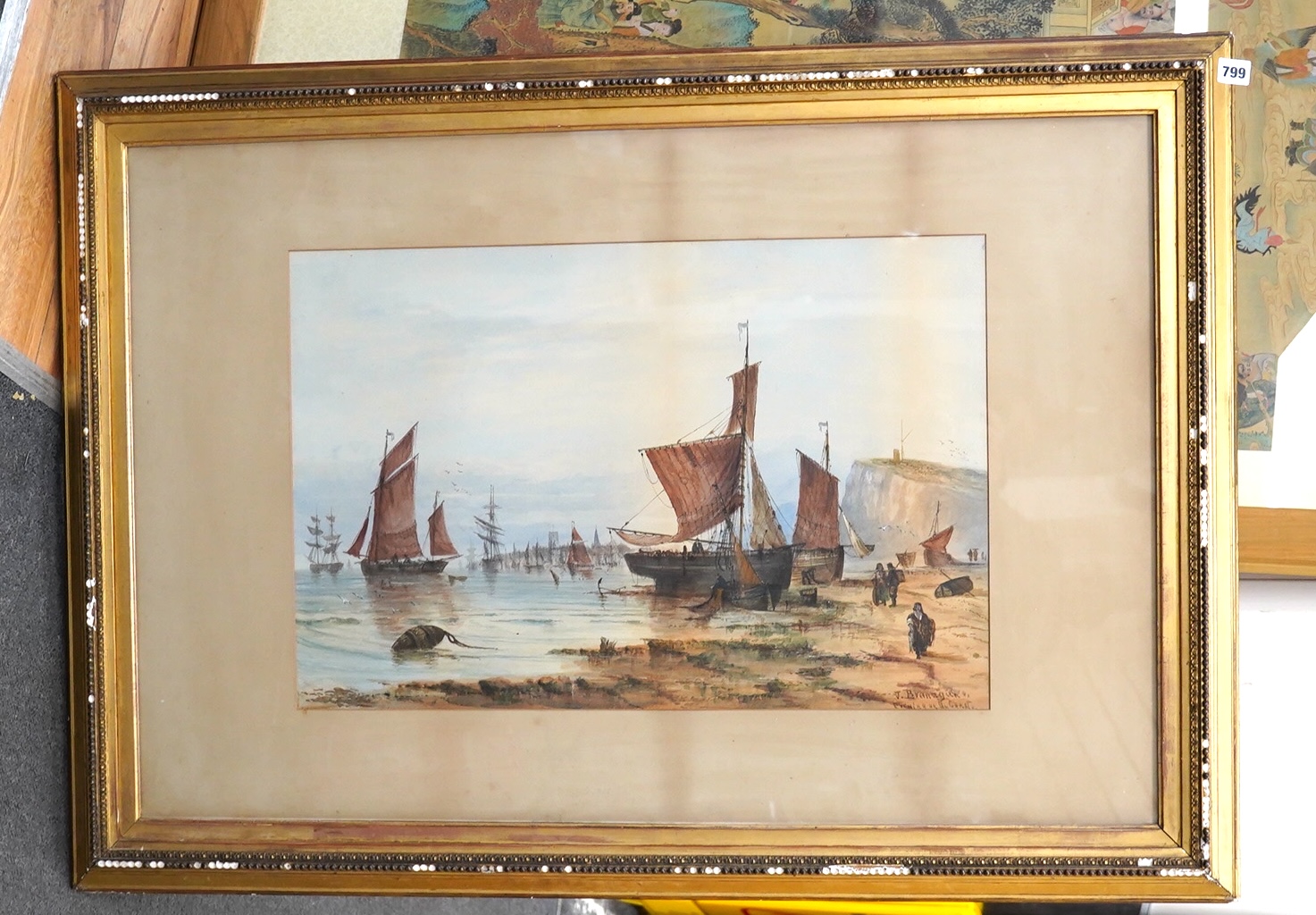 J. Branagan, (19th. C), watercolour, Evening coastal view with fishing boats, signed, 44 x 66cm, gilt frame. Condition - poor